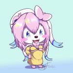  1:1 2022 anthro blue_eyes clothing digital_media_(artwork) dress eeveelution fan_character female hair happy hi_res hybrid mammal ninfii_(syst) nintendo pink_body pink_hair pok&eacute;mon pok&eacute;mon_(species) pregnant pregnant_female ribbons smile solo sylveon syst ursid ursine video_games 