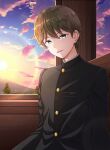  1boy brown_hair cloud gakuran highres long_sleeves looking_at_viewer school_uniform shima_tamahiko short_hair sitting sunrise taisho_otome_otogibanashi tree umasan 