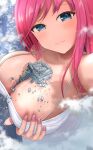  blue_eyes breasts building city cleavage closed_mouth cloud day destruction giant giantess girl highres huge_breasts original pink_hair pixiv sky smile white_clothing 