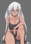  1girl alternate_costume alternate_hairstyle bikini black_bikini breasts cleavage dark_skin feet_out_of_frame glasses grey_background hair_between_eyes highres kantai_collection large_breasts musashi_(kancolle) platinum_blonde_hair red_eyes solo swimsuit t2r tall twintails 