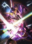  beam_saber funnels glowing glowing_eyes green_eyes gundam gundam_unicorn holding holding_sword holding_weapon mecha mobile_suit no_humans nt-d science_fiction solo space sword sword_clash totthii0081 unicorn_gundam v-fin weapon 