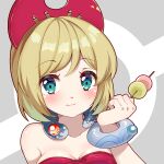  1girl :t bangs blonde_hair blush bracelet breasts cleavage closed_mouth collar collarbone commentary eating eyebrows_visible_through_hair eyelashes green_eyes hairband hand_up highres holding holding_skewer irida_(pokemon) jewelry ki_(jikexiuga) pokemon pokemon_(game) pokemon_legends:_arceus red_hairband red_shirt shiny shiny_hair shirt short_hair skewer solo strapless strapless_shirt upper_body 