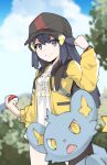  1girl absurdres bangs black_hair blurry buttons clenched_hand closed_mouth cloud commentary dawn_(pokemon) day dress eyebrows_visible_through_hair eyelashes grey_eyes hair_ornament hairclip hand_up hat highres holding holding_poke_ball jacket long_hair looking_at_viewer open_clothes open_jacket outdoors poke_ball poke_ball_(basic) pokemon pokemon_(creature) pokemon_(game) pokemon_bdsp poketch shinx sidelocks sky smile valefal_coneri watch white_dress wristwatch yellow_jacket 
