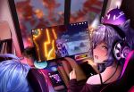  2girls ahoge blue_hair blurry blurry_background book cellphone chair curled_horns desktop diamond-shaped_pupils diamond_(shape) embarrassed from_behind gaming_chair ganyu_(genshin_impact) genshin_impact goat_horns hair_cones headphones highres horns indoors keqing_(genshin_impact) keyboard_(computer) looking_at_viewer looking_back multiple_girls off_shoulder phone plant playing_games purple_eyes purple_hair purple_shirt shirt sitting slime_(genshin_impact) strap surprised symbol-shaped_pupils table tree turning_head window yawy8272 