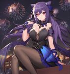  1girl absurdres bangs bare_shoulders black_legwear breasts cleavage closed_mouth double_bun dress feet_out_of_frame fireworks genshin_impact hair_ornament highres keqing_(genshin_impact) large_breasts long_hair looking_at_viewer morung outdoors pantyhose purple_eyes purple_hair sitting smile solo two-tone_dress 