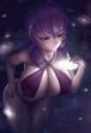  bikini breasts giant giantess highres huge_breasts kouzuki_yuuko muvluv pixiv purple_bikini purple_hair red_eyes space stars swimsuit universe world 