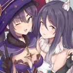  2girls ;d animal_ear_fluff animal_ears bangs bare_shoulders black_gloves black_hair blue_eyes breasts brown_leotard cape crossover elbow_gloves eyebrows_visible_through_hair fingerless_gloves genshin_impact gloves grey_background hair_between_eyes hand_up hat highres leotard long_hair mona_(genshin_impact) multiple_girls nyakonro_(nekonro) one_eye_closed princess_connect! purple_cape purple_headwear shiori_(princess_connect!) small_breasts smile strapless strapless_leotard tiger_ears twintails witch_hat yellow_eyes 