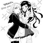  2girls :o apron bandaged_arm bandages bangs blush breasts danganronpa_(series) danganronpa_2:_goodbye_despair flipped_hair greyscale hood hood_down hug jacket large_breasts long_hair long_sleeves medium_hair miniskirt mole mole_under_eye monochrome multiple_girls nanami_chiaki neck_ribbon no_hair_ornament one_eye_closed open_clothes open_jacket pleated_skirt puffy_short_sleeves puffy_sleeves ribbon short_sleeves skirt tears teeth thighhighs togi9999 translation_request tsumiki_mikan upper_teeth yuri zettai_ryouiki 