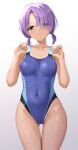  1girl absurdres ass_visible_through_thighs bangs breasts cafe_stella_to_shinigami_no_chou cameltoe collarbone commentary_request competition_swimsuit covered_navel cowboy_shot eyebrows_visible_through_hair eyes_visible_through_hair green_eyes grin hair_over_one_eye highres hiuchidani_mei looking_at_viewer low_twintails medium_breasts ncontrail_(mgax7527) one-piece_swimsuit purple_hair purple_swimsuit revision short_hair simple_background smile solo standing swimsuit tan tanlines twintails white_background yuzu-soft 