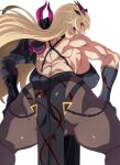  1girl absurdres armor ass back bangs bare_shoulders black_dress black_gloves blonde_hair breasts brown_legwear chain dress earrings elbow_gloves fairy_knight_gawain_(fate) fate/grand_order fate_(series) gauntlets gloves highres horns j.h. jewelry large_breasts long_hair looking_at_viewer looking_back muscular muscular_female pantyhose pauldrons pelvic_curtain red_eyes shoulder_armor sideboob single_gauntlet single_pauldron squatting thick_thighs thighs toned 