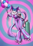 2019 air_tank anthro balloon blue_body blue_fur clothed clothing felid female flavia fool&#039;s_hat fur grin hat headgear headwear hi_res high_rez hose inflatable inflatable_clothing jester latex latex_clothing looking_at_viewer mammal purple_eyes simple_background smile solo toughset white_body white_fur 
