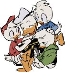  4boys :d absurdres bird blue_eyes blue_shirt child closed_eyes closed_mouth dewey_duck disney donald_duck donald_duck_sailor_hat duck ducktales english_commentary flat_color furry furry_male green_eyes green_hoodie group_hug hat highres hood hood_down hoodie huey_duck hug looking_at_another louie_duck male_focus multiple_boys open_mouth phone red_eyes red_headwear red_shirt shirt simple_background smile white_background white_hair winteamelon 