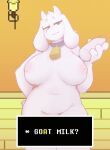  anthro bedroom_eyes big_breasts boss_monster bottle bovid breasts caprine collar cowbell english_text female hi_res holding_bottle holding_object mammal mature_female milk narrowed_eyes pandabutt seductive solo text toriel undertale undertale_(series) video_games 