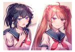  2girls ahoge aicedrop ayano_aishi black_hair blue_eyes blush breasts collarbone commentary english_text hair_ornament hair_scrunchie hand_on_own_chest large_breasts long_hair multiple_girls open_mouth osana_najimi_(yandere_simulator) ponytail red_eyes red_hair school_uniform scrunchie serafuku signature subtitled sweatdrop twintails yandere_simulator 