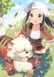  1girl :d akari_(pokemon) black_hair blush brown_eyes cloud collarbone commentary_request day eyelashes grass hand_up head_scarf highres hisuian_growlithe jacket leaves_in_wind long_hair loose_socks open_mouth orange_jacket outdoors pechi_(peeechika) pokemon pokemon_(creature) pokemon_(game) pokemon_legends:_arceus ponytail sarashi sash sidelocks sky smile spread_fingers standing tree white_headwear 
