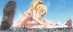  blonde_hair breasts brown_eyes building city cloud day destruction explosion giant giantess girl highres open_mouth pixiv red_footwear shoes sky smoke socks 