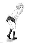  1girl absurdres commentary_request from_behind full_body greyscale hand_on_own_leg hand_up highres kneehighs leaning_forward long_sleeves looking_to_the_side miniskirt monochrome original pleated_skirt shirt shoes short_hair skirt solo standing wadachitokakeru 