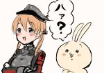  1girl anchor_hair_ornament aqua_eyes artist_self-insert blonde_hair blush_stickers bunny camouflage commentary_request grey_headwear hair_ornament hat kantai_collection long_hair low_twintails military military_hat military_uniform original peaked_cap prinz_eugen_(kancolle) smile twintails uniform upper_body white_background wss_(nicoseiga19993411) 