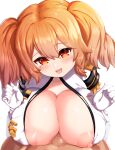  1boy 1girl :3 :d absurdres areola_slip areolae bangs blush breast_press breasts censored cerberus_(last_origin) cleavage eyebrows_visible_through_hair gloves highres huge_breasts last_origin looking_at_viewer medal mole mole_under_eye mosaic_censoring nipple_slip nipples open_mouth orange_eyes orange_hair paizuri paizuri_under_clothes penis pov short_hair simple_background smile solo_focus two_side_up upper_body ushimittsu white_background white_gloves 