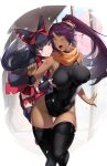  2girls black_hair black_legwear black_leotard bleach blush breast_grab breasts crossover dark-skinned_female dark_skin gainoob gate_-_jieitai_ka_no_chi_nite_kaku_tatakaeri gothic_lolita grabbing highres large_breasts leotard lolita_fashion multiple_girls open_mouth ponytail red_eyes rory_mercury shihouin_yoruichi thighhighs yellow_eyes yuri 