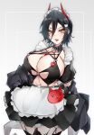  1girl absurdres alternate_breast_size apron azur_lane bikini black_hair black_jacket black_legwear black_skirt breast_strap breasts cat_hair_ornament cleavage cowboy_shot detached_collar grey_background hair_between_eyes hair_ornament highres horns huge_breasts jacket kive looking_at_viewer maid_bikini mechanical_horns o-ring o-ring_top official_alternate_costume puffy_sleeves red_horns short_hair simple_background skirt slit_pupils solo swimsuit thighhighs tongue tongue_out tongue_tattoo ulrich_von_hutten_(azur_lane) ulrich_von_hutten_(mayhem_maid)_(azur_lane) waist_apron white_apron x_hair_ornament yellow_eyes 