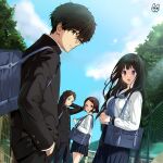  2boys 2girls bangs black_hair black_sailor_collar brown_eyes brown_hair chain-link_fence chitanda_eru fence from_side fukube_satoshi gakuran green_eyes hand_in_pocket highres hyouka ibara_mayaka kamiyama_high_school_uniform long_hair long_skirt looking_at_viewer mery_(yangmalgage) miniskirt multiple_boys multiple_girls open_mouth oreki_houtarou outdoors pleated_skirt purple_eyes sailor_collar school_uniform serafuku short_hair skirt smile tree 