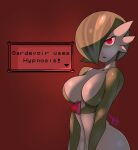  1girl artist_name bangs bob_cut breasts character_name collarbone colored_skin english_text gardevoir green_hair green_skin hair_over_one_eye half-closed_eyes highres jpeg_artifacts large_breasts looking_at_viewer multicolored_skin one_eye_covered open_mouth phreneticus pokemon pokemon_(creature) red_background red_eyes shiny shiny_hair shiny_skin short_hair signature simple_background solo standing two-tone_skin upper_body white_skin 