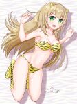  1girl absurdres animal_print bikini blonde_hair commentary_request cosplay fang full_body green_eyes happyfansite highres horns long_hair lum lum_(cosplay) miyuu_chitose oni_horns print_bikini print_footwear solo station_memories strapless strapless_bikini swimsuit tiger_print twitter_username urusei_yatsura yellow_bikini yellow_footwear 