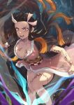  1girl arm_tattoo bare_legs breast_tattoo breasts brown_hair cleavage clenched_hand collarbone commentary_request fadingz fangs hair_ribbon haori highres horns japanese_clothes kamado_nezuko kimetsu_no_yaiba kimono large_breasts leg_tattoo long_hair obi open_mouth pink_eyes pink_kimono pink_ribbon ribbon sash signature single_horn slit_pupils solo tattoo veins 