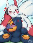  &lt;3 anthro blush breast_squish breasts cross-popping_vein drokmars duo female female/female hi_res lying nintendo on_back on_front on_top on_top_of pinned pinned_to_floor pok&eacute;mon pok&eacute;mon_(species) seviper smile smug squish tail_motion tailwag video_games zangoose 