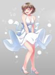  1girl ;d bare_arms bare_legs blue_eyes blush breasts brown_hair cleavage clothes_lift collarbone dress dress_lift dress_tug full_body grey_background high_heels highres lonlonl17635238 looking_at_viewer love_live! love_live!_superstar!! marilyn_monroe medium_breasts one_eye_closed open_mouth parody shiny shiny_hair short_hair sleeveless sleeveless_dress smile solo standing tang_keke white_dress wind wind_lift 