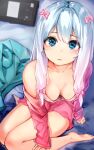  1girl absurdres bangs bare_legs barefoot blue_eyes blush bow bra breasts cleavage clothes_pull collarbone eromanga_sensei eyebrows_visible_through_hair hair_between_eyes hair_bow highres indoors izumi_sagiri jun_wmrx3848 long_hair long_sleeves looking_at_viewer multiple_hair_bows open_mouth pink_bow pink_shirt shiny shiny_hair shirt shirt_pull silver_hair sitting sleeves_past_wrists small_breasts solo underwear white_bra 