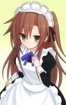  1girl alternate_costume apron blue_ribbon brown_hair choujigen_game_neptune enmaided green_eyes if_(neptune_series) long_hair looking_at_viewer maid maid_apron maid_headdress neptune_(series) ribbon solo suta_(clusta) 