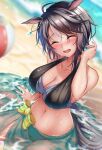  1girl ahoge animal_ears arm_support ball bangs bare_shoulders beach beachball bikini black_bikini black_hair blurry blurry_background blush bow breasts cleavage closed_eyes collarbone commentary_request commission cowboy_shot day dutch_angle ear_ornament ear_piercing eyebrows_visible_through_hair fuji_kiseki_(umamusume) green_sarong hair_between_eyes hand_up horse_ears horse_girl horse_tail large_breasts medium_hair midriff multicolored_hair navel ocean open_mouth outdoors piercing rairaisuruyo sarong see-through_sarong short_hair sidelocks sitting skeb_commission smile solo swimsuit tail umamusume wet white_hair yellow_bow 