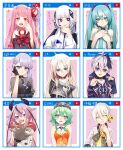  6+girls :d bangs bell black_gloves black_shirt blue_eyes blue_hair braid breasts cevio character_name character_request commentary_request flower_(vocaloid) gloves goggles goggles_on_head green_eyes green_hair gumi hair_bell hair_ornament hatsune_miku highres horns ia_(vocaloid) jingle_bell kafu_(cevio) kotonoha_akane long_hair medium_breasts meika_hime multicolored_hair multiple_girls orange_vest pink_eyes pink_hair purple_eyes purple_hair rsk_(tbhono) shirt short_hair short_sleeves sidelocks smile streaked_hair translation_request twin_braids twintails v_flower_(vocaloid4) very_long_hair vest vocaloid voiceroid white_hair yuzuki_yukari 