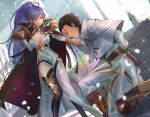  1boy 1girl absurdres alternate_costume armor black_hair breasts cape closed_eyes commission commissioner_upload fire_emblem fire_emblem:_genealogy_of_the_holy_war fire_emblem:_thracia_776 fire_emblem_heroes highres holding_hands ishtar_(fire_emblem) jewelry kiss kissing_hand kneeling kojijima pauldrons purple_hair reinhardt_(fire_emblem) shoulder_armor skeb_commission smile 