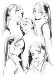  1girl :d forehead frown greyscale highres katagiri_ikumi long_hair looking_at_viewer monochrome multiple_views original simple_background sketch smile teeth twintails white_background 