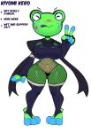  absurd_res amphibian anthro bandage big_breasts breasts clothing english_text eyes_closed female fingerless_gloves fishnet freckles frog gesture gloves handwear hi_res leggings legwear multicolored_body navel neckwear simple_background solo somescrub text thick_thighs tongue tongue_out topwear v_sign wide_hips 
