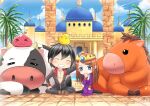  &gt;_&lt; 1boy 1girl :3 animal_on_head bangs bird bird_on_head black_coat black_hair black_legwear black_pants blue_eyes blue_sky blush brown_footwear brown_hair castle chibi chick closed_eyes closed_mouth cloud coat commentary cow crown day dress full_body gem grin headphones horse in-universe_location indian_style long_hair long_sleeves mizonaki on_head open_clothes open_coat outdoors palm_tree pants priest_(ragnarok_online) purple_dress ragnarok_online red_coat shoes short_hair simple_background sitting sky smile thighhighs tree two-tone_coat wariza 