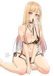  1girl absurdres arms_between_legs bikini black_bikini black_choker blonde_hair breasts choker cleavage earrings floral_print highres jewelry kitagawa_marin large_breasts light_blush long_hair mouth_hold navel necklace simple_background sitting sketch solo sono_bisque_doll_wa_koi_wo_suru swimsuit thighs wariza white_background yanchen 