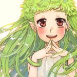  1girl bangs blush brown_eyes commentary dress earrings green_hair jewelry kemushi_sama lif_(ragnarok_online) long_hair looking_at_viewer monster_girl open_mouth plant_girl plant_hair pointy_ears ragnarok_online simple_background sleeveless sleeveless_dress smile solo upper_body white_background white_dress 