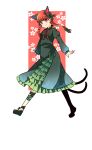  1girl :3 animal_ears bow bowtie braid cat_ears cat_tail dress extra_ears fang fang_out floral_background floral_print flower frills green_bow green_dress haya_taro_pochi juliet_sleeves kaenbyou_rin leg_ribbon long_sleeves mary_janes multiple_tails nekomata pointy_ears puffy_sleeves red_bow red_bowtie red_eyes red_hair ribbon shoes simple_background smile solo tail touhou twin_braids two_tails 