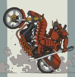  1boy armor gatling_santouhei ground_vehicle helmet highres japanese_armor kabuto katana menpoo motor_vehicle motorcycle original samurai simple_background smoke solo sword weapon wheelie white_background 