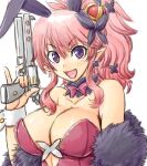  1girl amania_orz breasts cleavage disgaea gun large_breasts long_hair looking_at_viewer makai_senki_disgaea_5 open_mouth pink_hair pointy_ears purple_eyes seraphina_(disgaea) simple_background smile solo weapon white_background 
