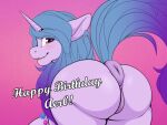  anus big_butt blue_bender blue_hair butt equid equine female feral genitals hair hasbro hi_res horn izzy_moonbow_(mlp) looking_at_viewer looking_back looking_back_at_viewer mammal mlp_g5 my_little_pony pink_background puffy_anus pussy simple_background solo unicorn 