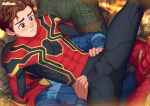  4boys age_difference bara blush boy_on_top bulge character_request commentary doctor_strange english_commentary iron_man male_focus marvel marvel_cinematic_universe multiple_boys solo_focus spider-man spider-man_(series) spread_legs suiton00 tony_stark yaoi 