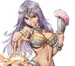  1girl breasts circlet dark-skinned_female dark_skin dragon_quest dragon_quest_iv earrings jewelry large_breasts long_hair looking_at_viewer minea_(dq4) purple_eyes purple_hair simple_background smile solo white_background 
