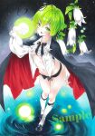  1girl arim0k0 bangs black_cape black_footwear breasts cape flower full_body green_eyes green_hair groin highres kneehighs light_particles long_sleeves looking_at_viewer navel open_clothes open_mouth open_shirt sample_watermark shirt small_breasts solo standing thighs touhou underboob white_flower white_legwear white_shirt wriggle_nightbug 