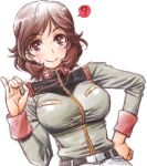  1girl ? amania_orz belt blush breasts brown_eyes brown_hair closed_mouth gundam gundam_unicorn large_breasts looking_at_viewer mihiro_oiwakken military military_uniform short_hair simple_background smile solo uniform white_background 
