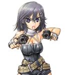  1girl amania_orz asagiri_asagi belt black_hair disgaea dual_wielding gun hair_ornament hairclip holding looking_at_viewer makai_senki_disgaea_5 open_mouth short_hair simple_background solo weapon white_background 